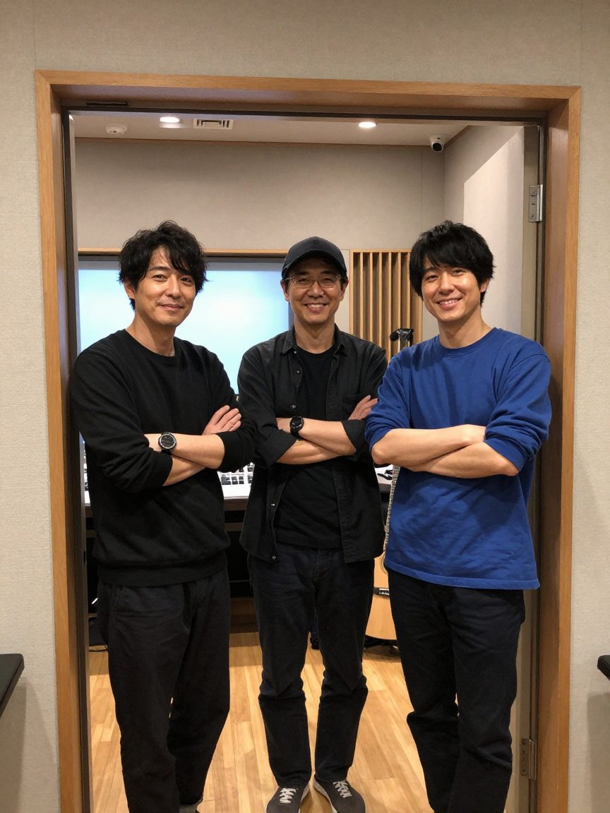 三人のスタッフがコントロールルームとライブルームの間で立っている。